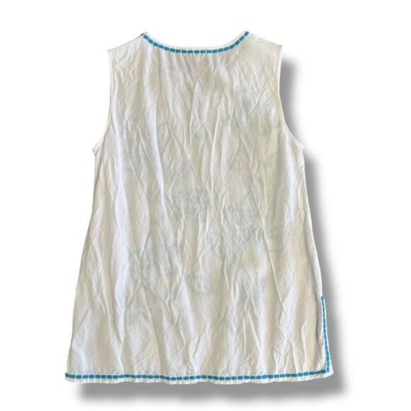Grace Elements White Blue Embroidered Linen Blend Tunic Top L Classic Coastal - Picture 5 of 7
